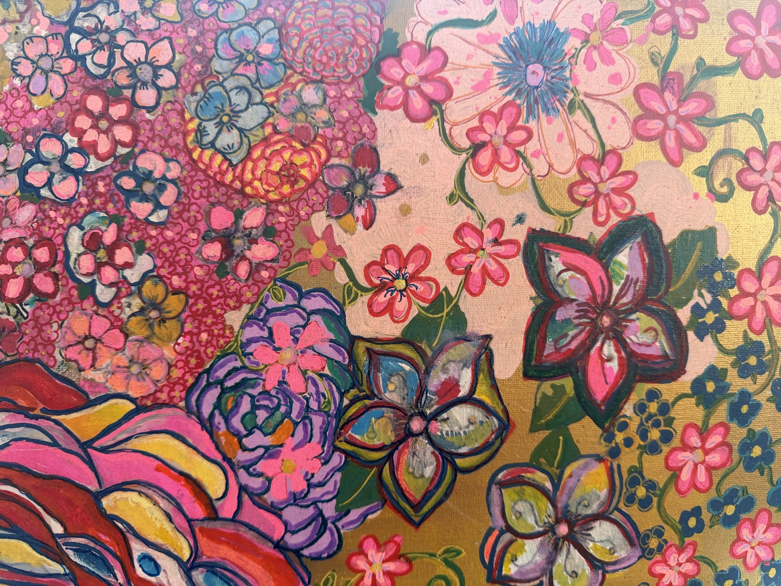 Original floral artwork by Wren Tech in pink, blue, gold, and green